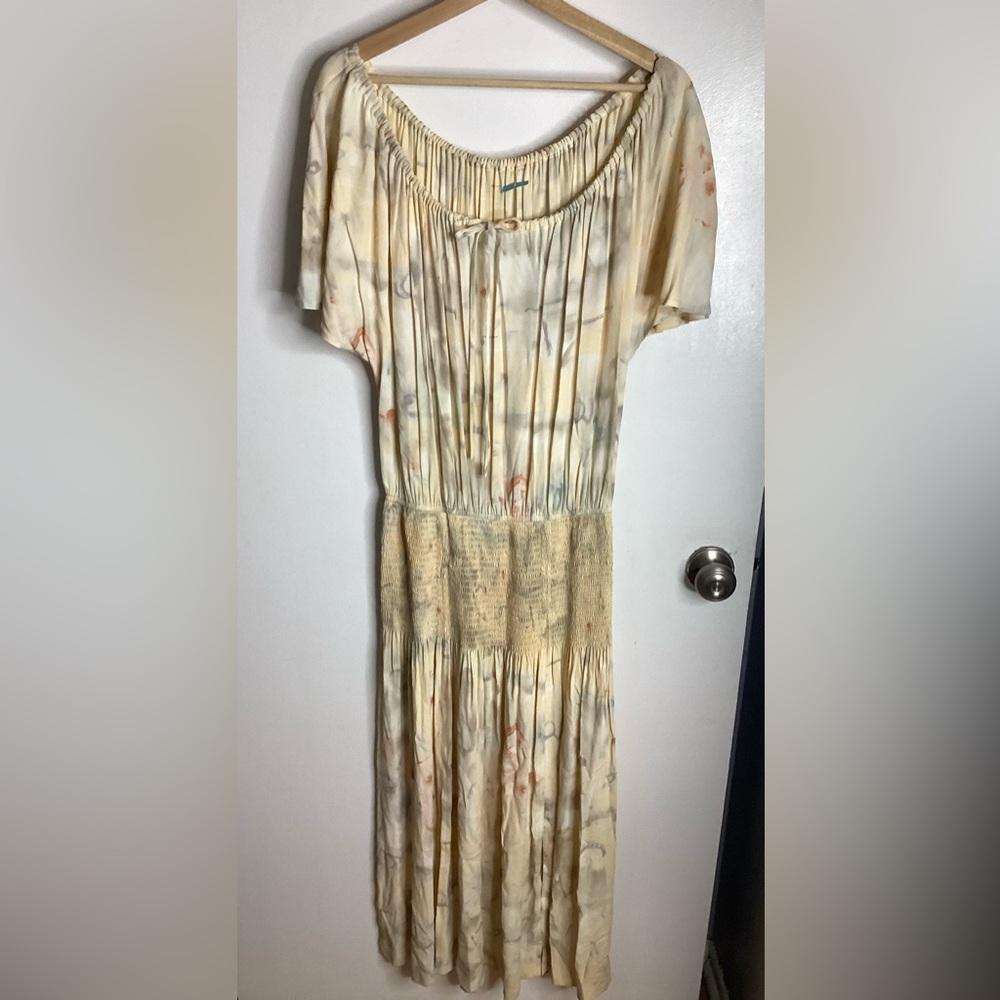 Vintage 80s Cream and Tan Midi Dress M/L